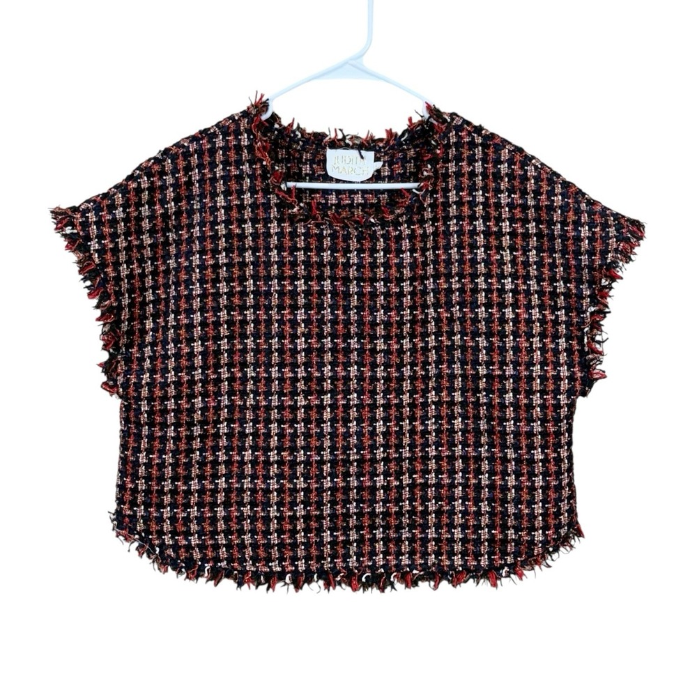 Judith March women's L blouse houndstooth tweed fringe cropped short sleeve top